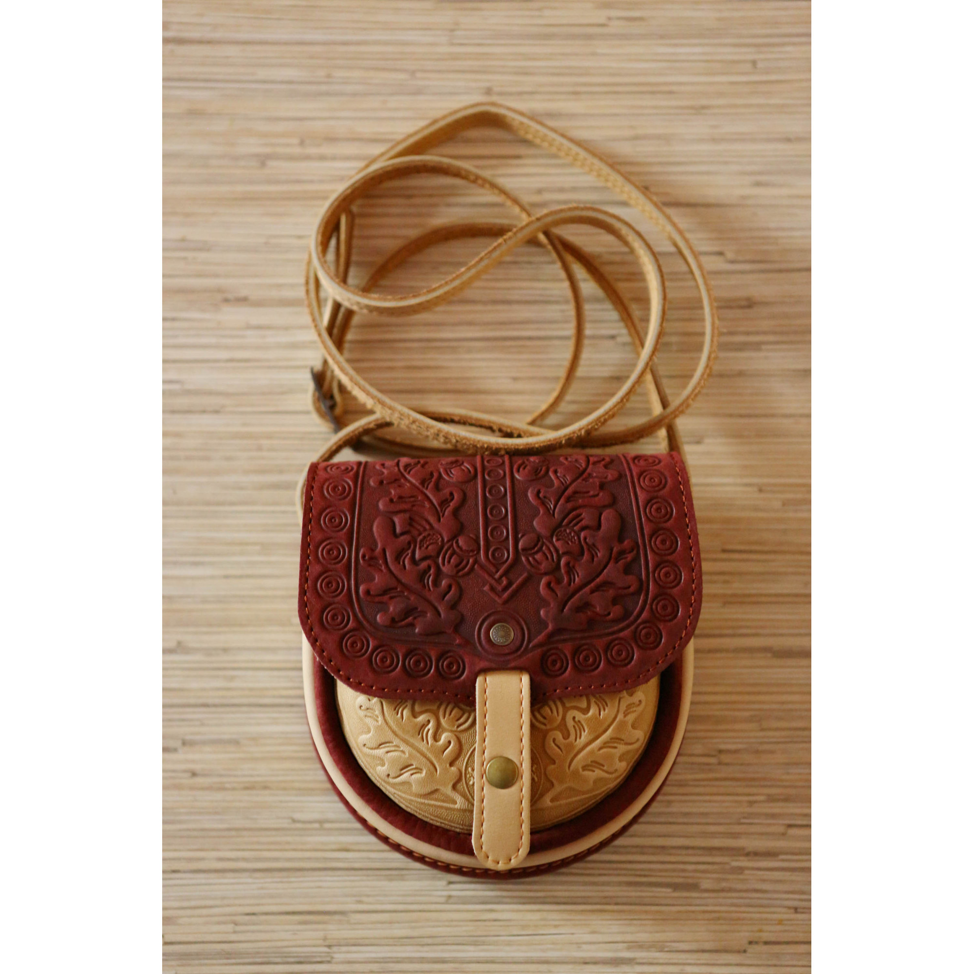 Small Bag Folk Print Beige Cognac Leather Bag