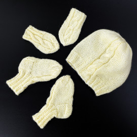 Semi-Wool Baby Hand Knit Set Newborn Size Unisex Off-White Color