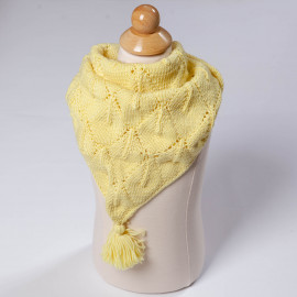 Hand-knitted kerchief on the neck. Yellow scarf for a girl