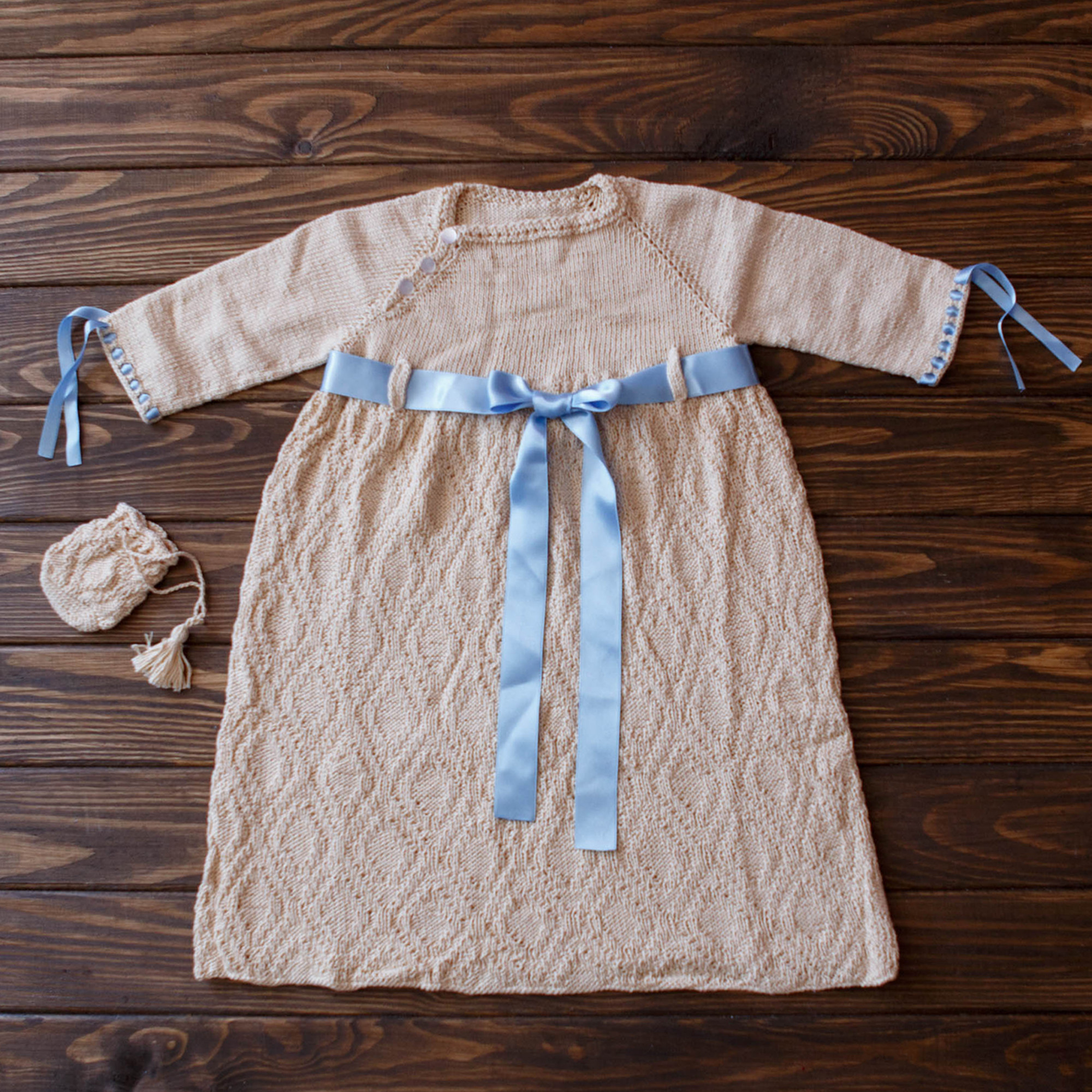 Hand Knitted Elegant Baby Boy Dress Set Matching Drawstring Bag